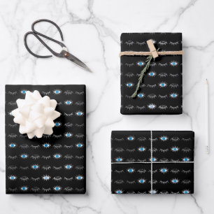 Black & Silver Blue Evil Eye Eyelashes Nazar Mati Geschenkpapier Set