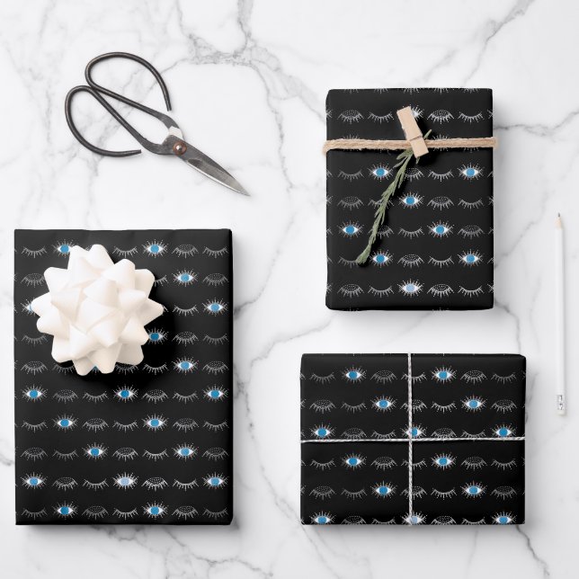 Black & Silver Blue Evil Eye Eyelashes Nazar Mati Geschenkpapier Set (Vorderseite)