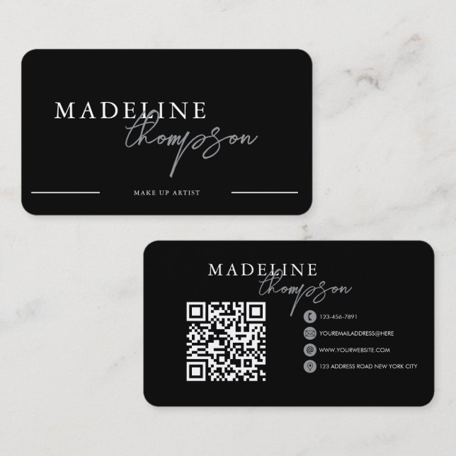 Black Silver Calligraphy Script QR-Code Visitenkarte (Vorne/Hinten)