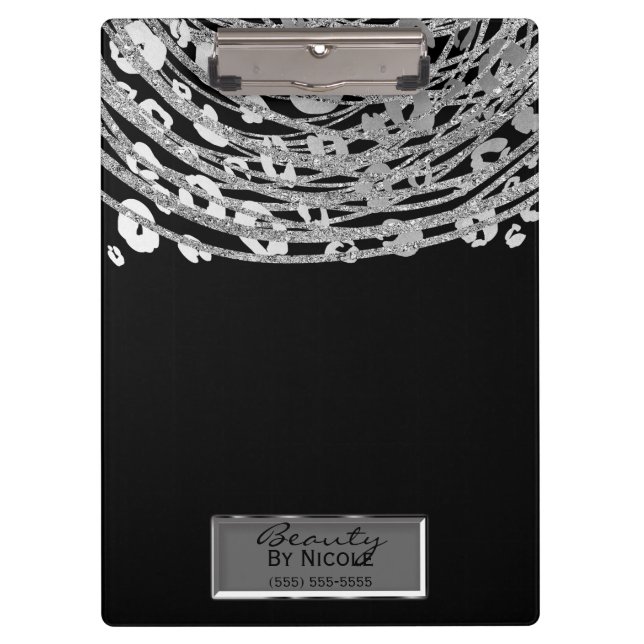 Black Silver Cheetah Leopard Glam Personalisiert Klemmbrett (Vorderseite)