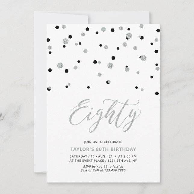 Black & Silver Confetti 80. Geburtstagsparty Einladung (Vorderseite)