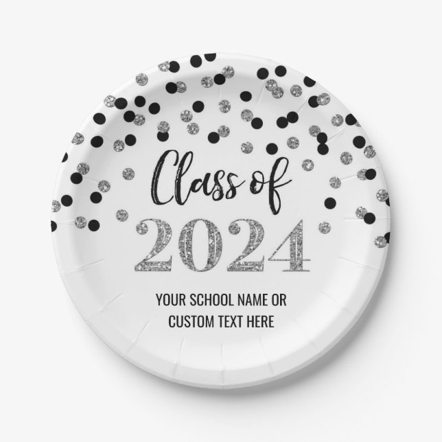 Black Silver Confetti Abschluss 2024 Pappteller (Vorderseite)
