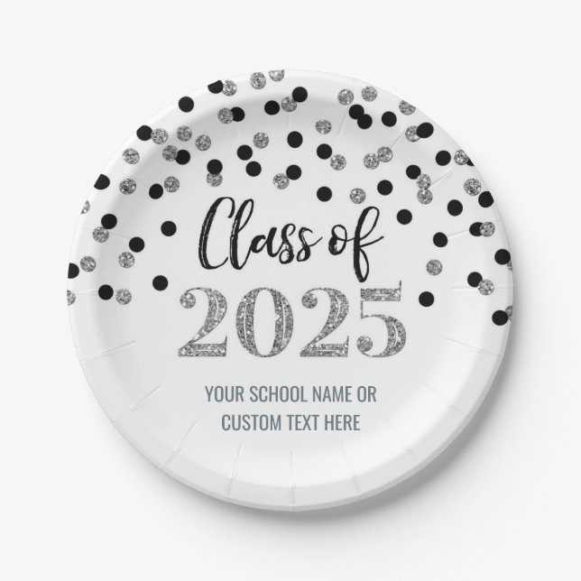 Black Silver Confetti Abschluss 2025 Pappteller (Vorderseite)