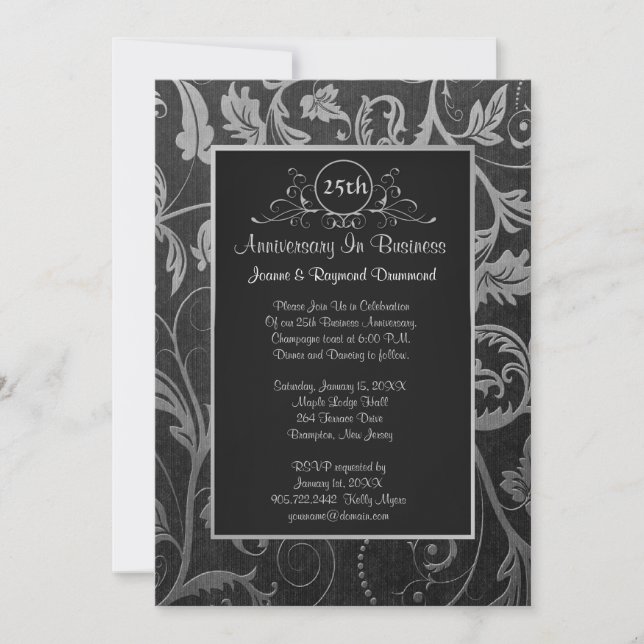 Black - Silver Damask 25. Geschäftsjubiläum Einladung (Vorderseite)