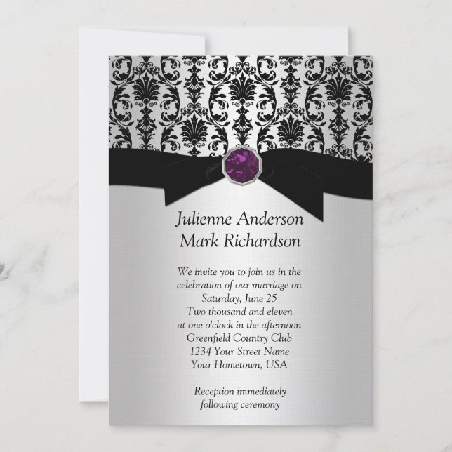 Black Silver Damask Lila Jewel Wedding Einladung (Vorderseite)