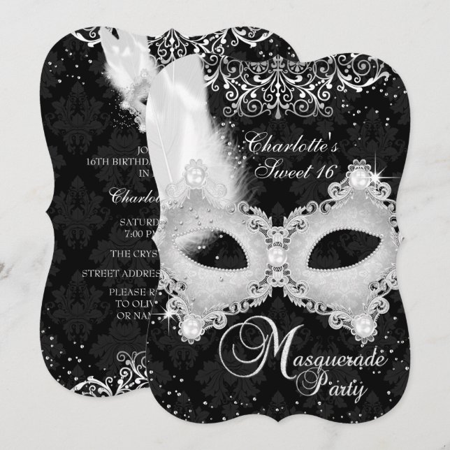 Black Silver Damask Masquerade Sweet 16 Einladung (Vorne/Hinten)