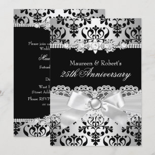Black Silver Damask Pearl Bow 25-jähriges Bestehen Einladung