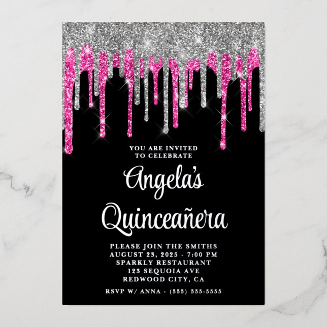 Black Silver Deep Pink Glitzer Tropfen Quinceañera Folieneinladung (Vorderseite)