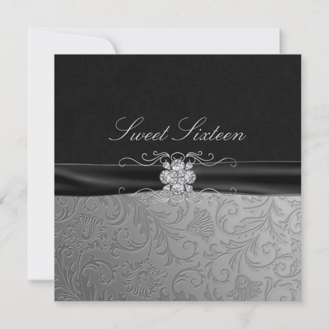 Black & Silver Diamond Sweet16 laden ein Einladung (Vorderseite)