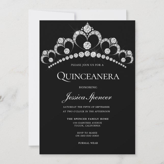 Black & Silver Diamond Tiara Quinceanera Party Einladung (Vorderseite)