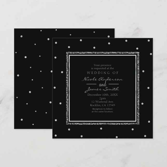 Black & Silver Dots Moderne Glam Wedding Party Einladung (Vorne/Hinten)