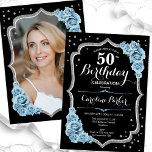 Black Silver Dusty Blue Foto 50. Geburtstag Einladung<br><div class="desc">Elegante florale Einladung zum 50. Geburtstag mit Ihrem Foto auf der Kartenrückseite. Glam schwarz und staubblau Design mit Imitaten Glitzer Silber. Enthält hellblaue Rose, Skript-Schriftart und Konfetti. Ideal für ein stilvolles Party für Erwachsene. Personalisieren Sie Ihre persönlichen Daten. Kann für jedes Alter angepasst werden! Gedruckte Zazzle Einladungen oder Sofortdownload digitalen...</div>