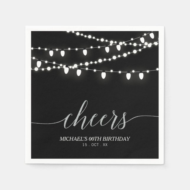 Black & Silver Elegante Lights Erwachsene Geburtst Serviette (Vorderseite)