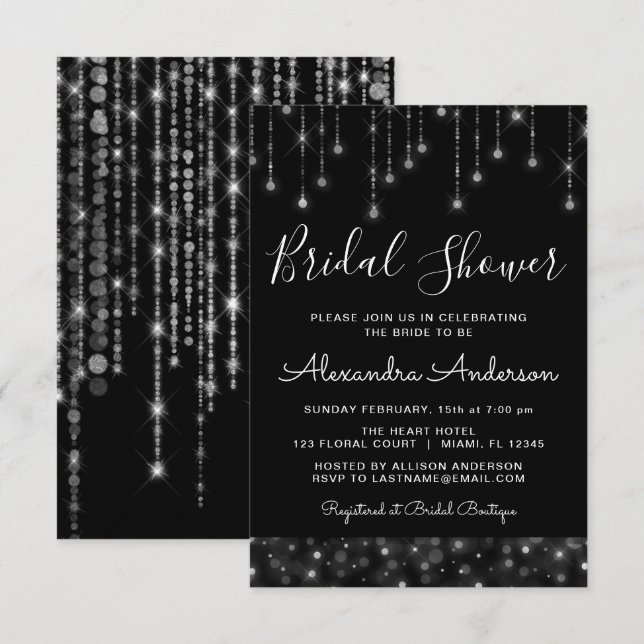 Black Silver Elegantes String Lights Brautparty Einladung (Vorne/Hinten)