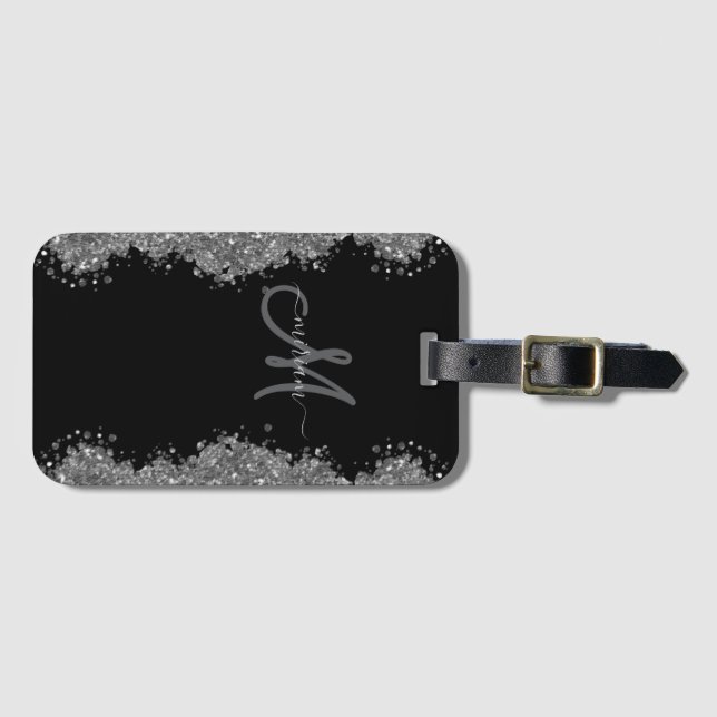 Black Silver Faux Glitter Grey Modern Monogram Gepäckanhänger (Vorderseite (Horizontal))