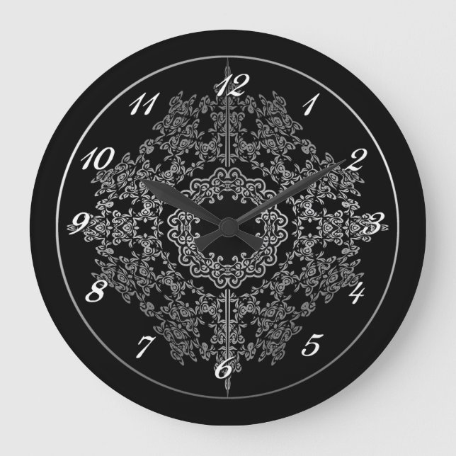 Black & Silver Filigree Motif Wall Clock Große Wanduhr (Vorderseite)