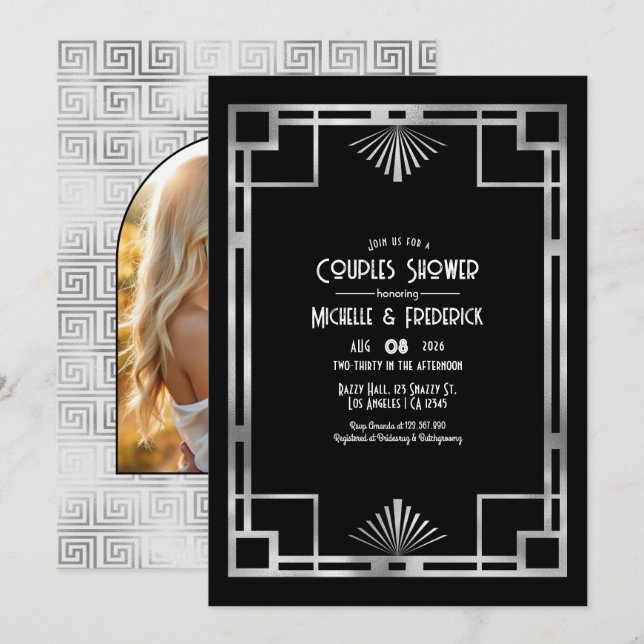 Black & Silver Gatsby Art Deco Couples Shower Einladung (Vorne/Hinten)