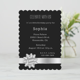 Black Silver Glam Ribbon und Bow Birthday Einladung