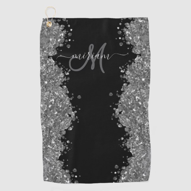 Black Silver Glitter Grey Modern Monogram Golfhandtuch (Vorderseite)
