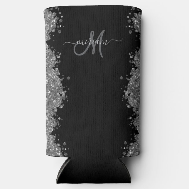 Black Silver Glitter Grey Modern Monogram Selters Dosenkühler (Vorderseite)