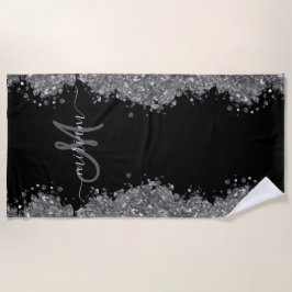 Black Silver Glitter Grey Modern Monogram Strandtuch