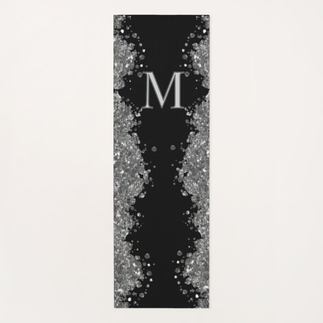Black Silver Glitter Grey Modern Monogram Yogamatte (Vorderseite)
