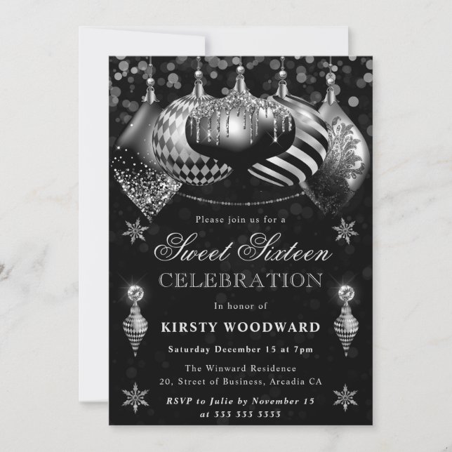 Black Silver Glitzer Baubles Christmas Sweet 16 Einladung (Vorderseite)