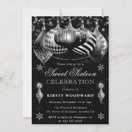 Black Silver Glitzer Baubles Christmas Sweet 16 Einladung