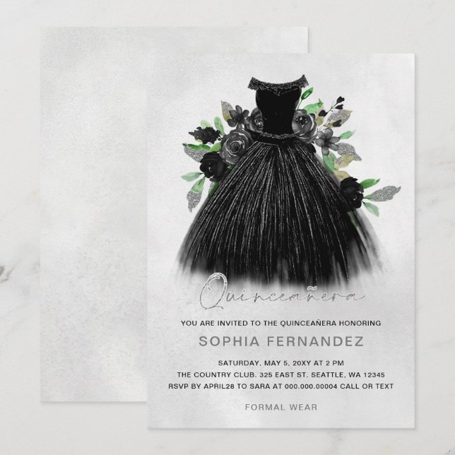 Black Silver Glitzer Blumenkleid Quinceañera Einladung (Vorne/Hinten)