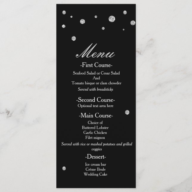 Black & Silver Glitzer Dots Elegantes Hochzeitsmen Menükarte (Vorderseite)