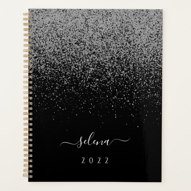 Black Silver Glitzer Girly Monogram Planer (Vorderseite)