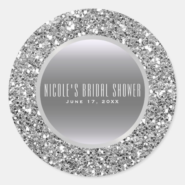 Black & Silver Glitzer Glam Elegantes Hochzeitsgun Runder Aufkleber (Vorderseite)