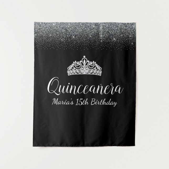 Black & Silver Glitzer|Hintergrund des Quinceanera Wandteppich (Vorderseite)