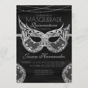 Black Silver Glitzer Lace Masquerade Quinceañera Einladung