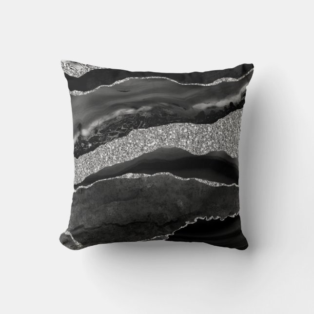 Black Silver Glitzer Luxus Agate Geode Kissen (Vorderseite)