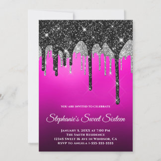 Black Silver Glitzer Magenta Lila Ombre Sweet 16 Einladung