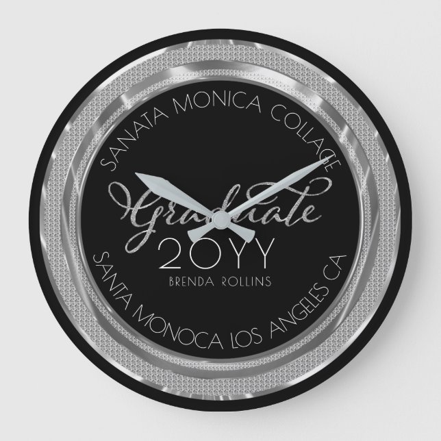 Black & Silver Glitzer Modernes Typografy Graduate Große Wanduhr (Vorderseite)