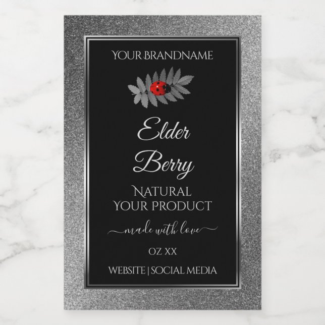 Black Silver Glitzer Product Labels Red Ladybug Lebensmitteletikett (Einzelnes Label)
