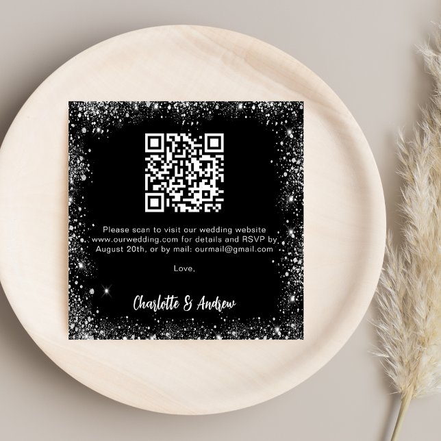 Black Silver Glitzer QR Code Hochzeit RSVP Begleitkarte (Von Creator hochgeladen)