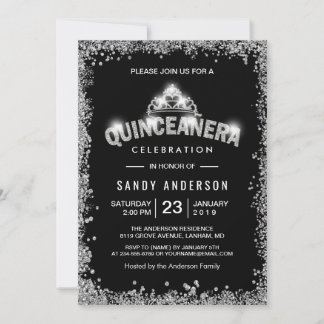 Black Silver Glitzer Quinceanera 15. Geburtstag Einladung