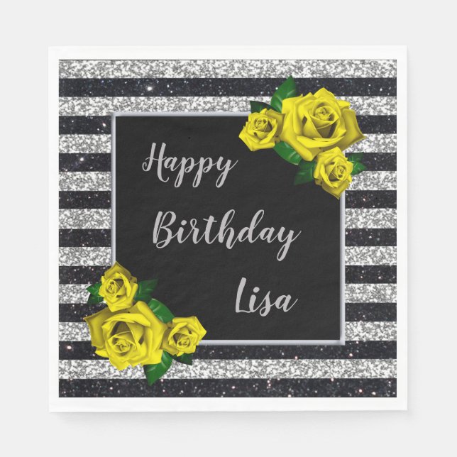 Black Silver Glitzer Yellow Roses Geburtstag Serviette (Vorderseite)