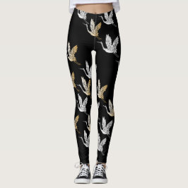 Black Silver Gold Crane Japanisches Muster Leggings