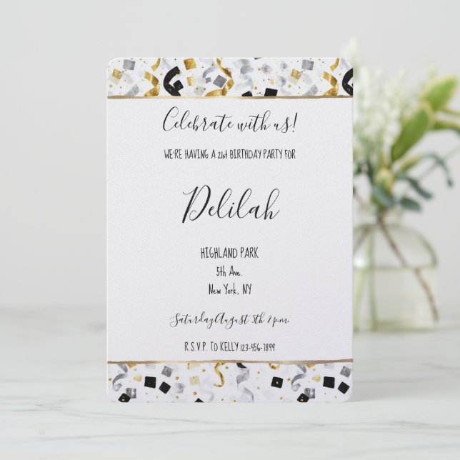 Black Silver Gold Glam Confetti Birthday Einladung (Stehend Vorderseite)