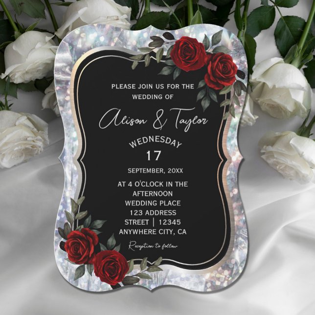 Black Silver Gothic Red Green Floral Wedding Einladung (Black Silver Gothic Red Green Floral Wedding Invitation #zazzlemade #elegantredflowers #weddingcard)