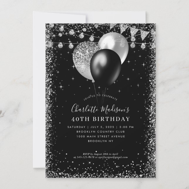 Black Silver Gray Ballon leuchtet jedes Alter Gebu Einladung (Vorderseite)