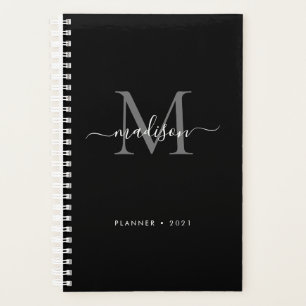 Black Silver Grey Girly Monogram Script Name 2021 Planer