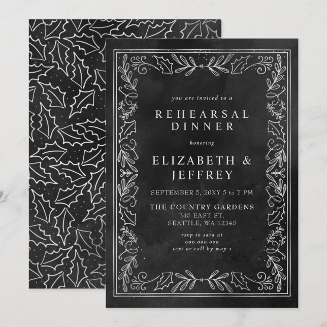 Black Silver Holly Weihnachts Probe Dinner Einladung (Vorne/Hinten)