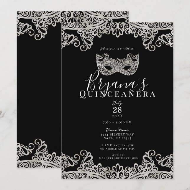 Black & Silver Lace Masquerade 15. Quinceañera Einladung (Vorne/Hinten)