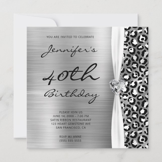 Black Silver Leopard Foil Gem Ribbon 40. Geburtsta Einladung (Vorderseite)