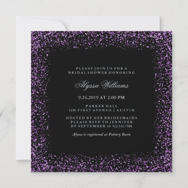 Black Silver Lila Confetti Glam Brautparty Einladung (Vorderseite)